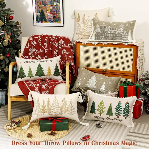 Vista 6 de Lewondr - Funda de almohada de Navidad bordada, 12 x 20 pulgadas, 1 unidad Funda de almohada decorativa, funda de cojín, decoración navideña