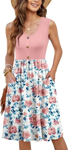 Vista 25 de MOLERANI - Vestidos de verano para mujer, sin mangas, casual, sueltos, acampanados, midi, con botones, con bolsillos Estampado Azul Marino Blanco