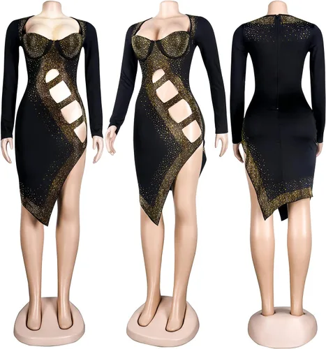 Vista 5 de PORRCEY Vestido de noche brillante de manga larga con diamantes de imitación para mujer, sexy, elegante, para club nocturno