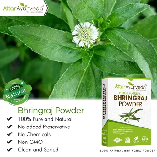 Vista 3 de Polvo natural de Bhringraj para cabello sano, apoya la fuerza del cabello y el cuidado del cuero cabelludo, hierba Bringaraja pura, sin aditivos ni
