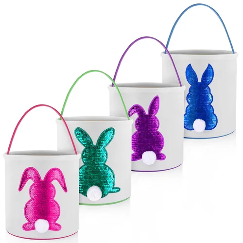 Vista 13 de Honeydak 4 cestas de Pascua para niños, bolsas de caza de huevos de Pascua, bolsas de lona de regalo, cubos de huevos con asas para caza de huevos