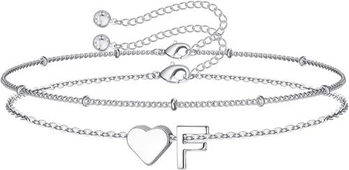 Vista 26 de M MOOHAM Pulseras de oro con inicial de corazón para mujer, pulseras con dije de letra A-Z de corazón dorado en capas para mujer, pulseras