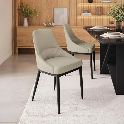 Vista 2 de Juego de 2 sillas de comedor sin brazos, sillas de piel sintética gris pardo con patas de metal en un acabado negro, asiento y respaldo tapizados