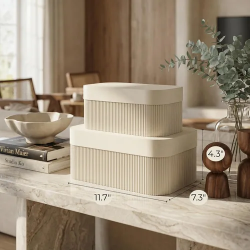 Vista 3 de Cajas de almacenamiento decorativas con tapas: juego de 2 hermosos cubos organizadores de cartón acanalado para la decoración de estanterías de tu