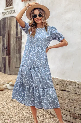 Vista 4 de PRETTYGARDEN - Vestido para mujer, estilo veraniego, bohemio y casual, con manga corta, estampado floral y volantes, fluido, largo por debajo