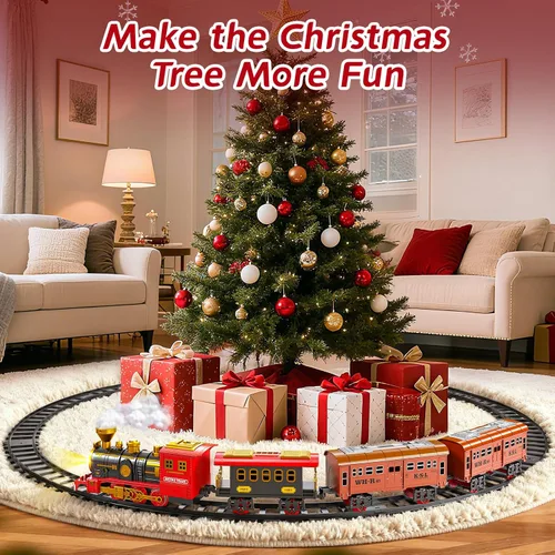 Vista 4 de Juego de tren eléctrico para niños, juguetes de tren de Navidad con humo, luz y sonido, pistas de tren de construcción de bricolaje debajo del árbol