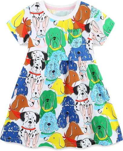 Vista 8 de Bumeex - Vestidos de verano para niñas pequeñas, de algodón, estampado de caricatura, manga corta, vestidos casuales para niñas, vestidos de sol