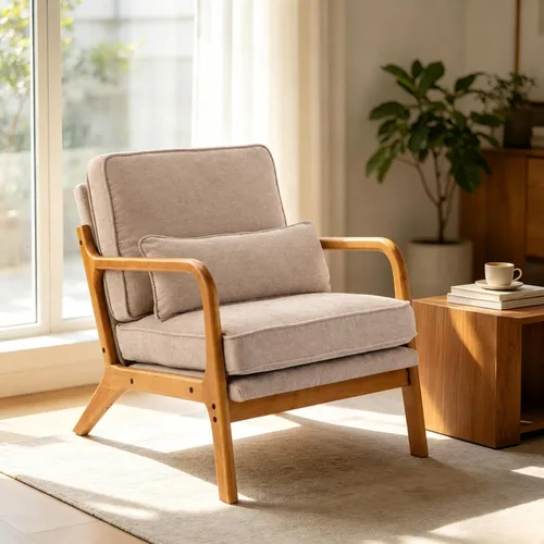 Vista 23 de Karl home Silla de lectura Mid-Century Modern Accent color beige Lino Beige