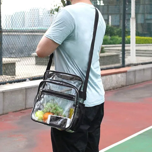 Vista 8 de Bolsa transparente aprobada para estadios, bolsa bandolera mensajero de hombro transparente con correa ajustable para conciertos, eventos deportivos