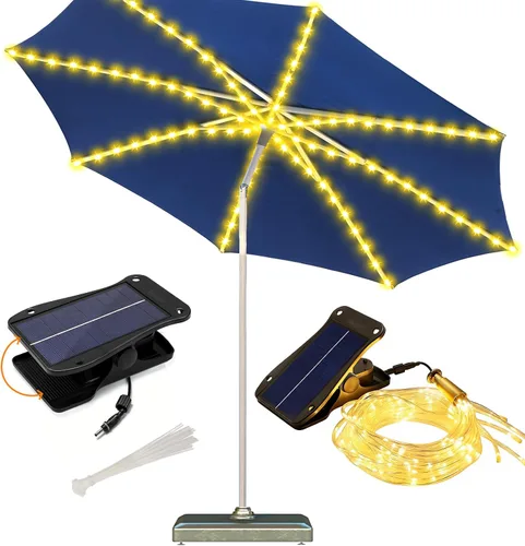 Vista 11 de luces de sombrilla solar, 8 hebras de luces de sombrilla para patio al aire libre con 8 modos, panel solar de 3V, clip con 112 LED, luces al aire