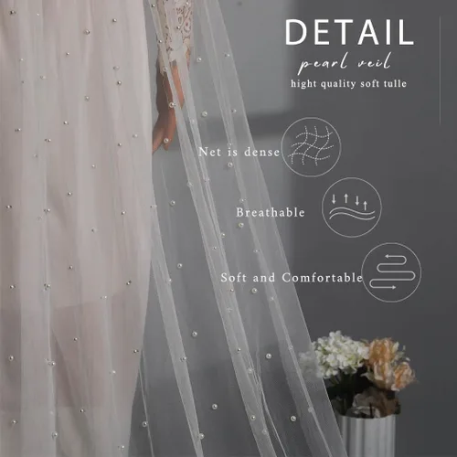 Vista 5 de Velos de novia con perlas y flores, catedral, velo de novia, 118 pulgadas, velos para novias, 1 nivel, longitud de los dedos, peine para el cabello