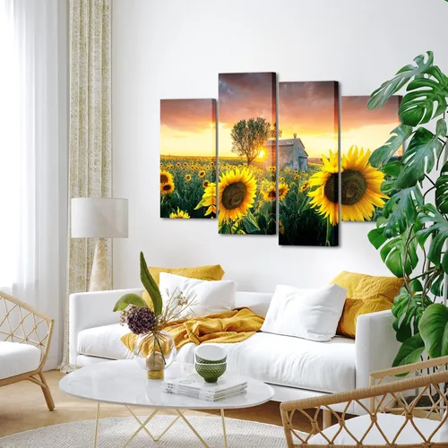 Vista 4 de Biuteawal Lienzo decorativo de girasol para pared, 4 piezas, puesta de sol, paisaje, impresión de flores amarillas, cuadro enmarcado, arte de campo