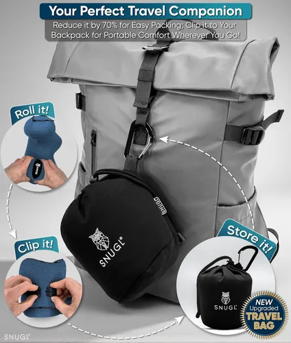 Vista 7 de SNUGL Almohada de viaje – Almohadas de espuma viscoelástica – Almohada para el cuello para avión con bolsa de transporte y clip – Almohadas de apoyo