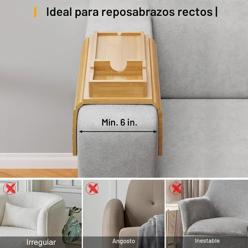 Vista 4 de Bestjing Bandeja para Brazo de Sofá de Bambú - Bandeja para Brazo de Sofá con Soporte para Tazas Desmontable - Caddy de Brazo de Sillón Plegable