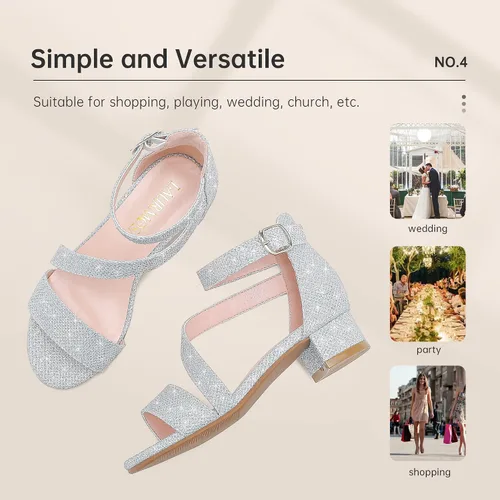 Vista 8 de Sandalias para niñas, tacones para niños, puntera abierta, correa al tobillo, zapatos de vestir, flores para boda, fiesta para niños pequeños