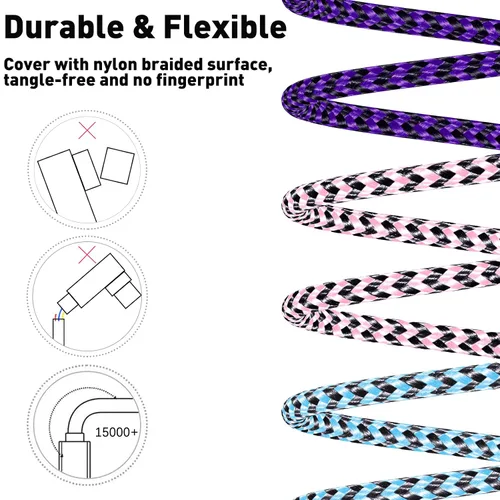 Vista 4 de Cable de carga para iPhone, cable Lightning de 6 pies, 3 unidades, cable de carga largo para iPhone 11, cargador para iPhone 6 pies