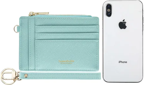 Vista 3 de Wikavanli Funda delgada para tarjetas de crédito con bloqueo Rfid para mujer, cartera con cremallera, cartera pequeña y compacta de cuero