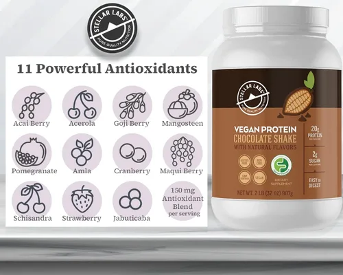 Vista 5 de Stellar Labs Proteína vegana en polvo con BCAA y antioxidantes Certificado bajo en FODMAP, sin OMG, sin gluten, sin soja, bajo en carbohidratos