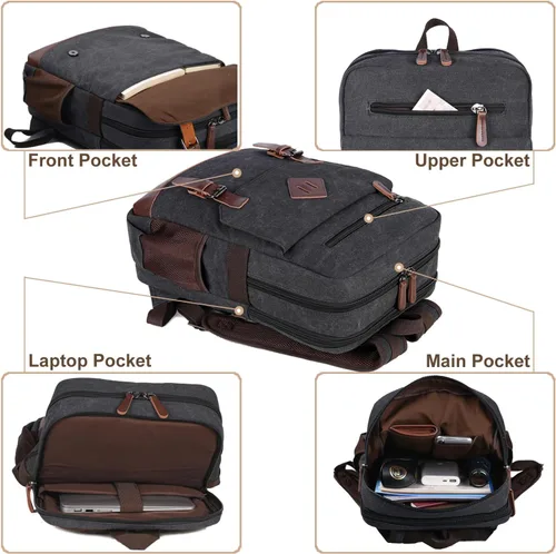 Vista 3 de CROCOD Mochila de lona para laptop de 15.6 pulgadas, mochila de viaje vintage para hombres y mujeres, bolsa de computadora para trabajo, negocios