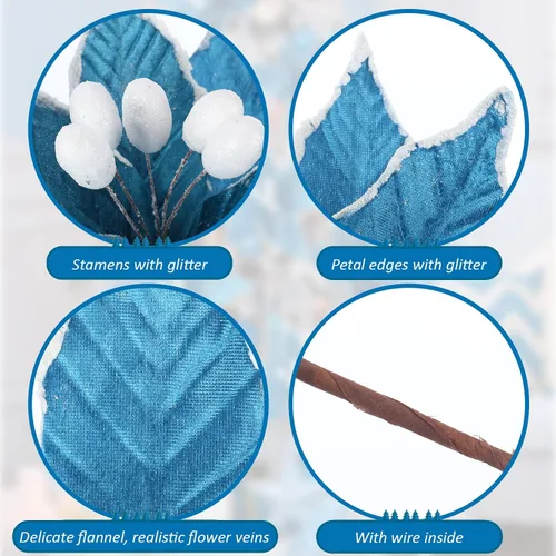 Vista 3 de Zeyune 6 Piezas Flores de Pascua Azules de Navidad Artificiales Grandes Espinas de Pascua Falsas Flores de Franela con Borde Helado para Adornos