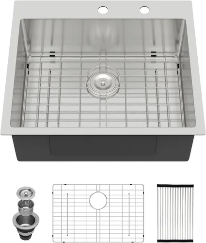 Vista 9 de Fregadero de cocina de 25 pulgadas, fregadero de un solo cuenco, color negro mate, calibre 18, 25 x 22 pulgadas, acero inoxidable, montaje superior