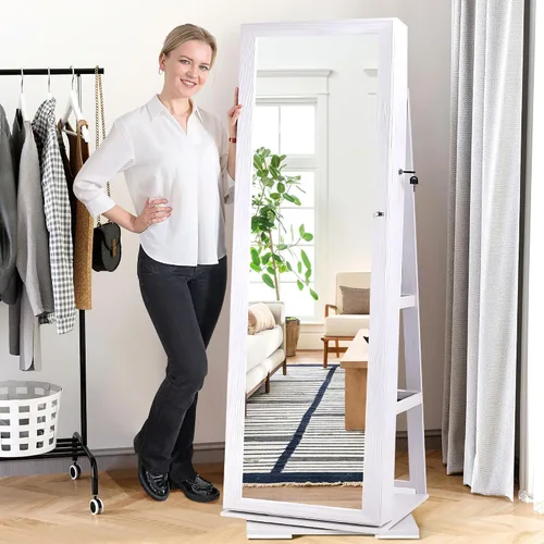 Vista 4 de sogesfurniture BHUS-QH-7021C - Armario de madera con cerradura y espejo de longitud completa, giratorio de 360, organizador de joyas con cerradura