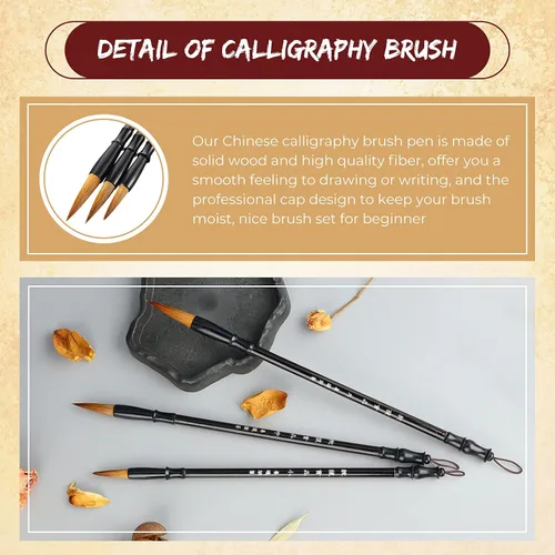 Vista 5 de 3 piezas de caligrafía china cepillo de escritura Sumi cepillo de dibujo tradicional chino bolígrafos de madera acuarela pincel para principiantes