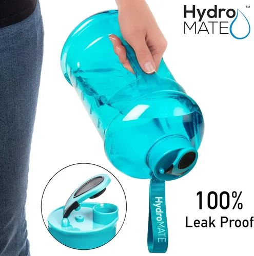 Vista 4 de NatureWorks HydroMATE Botella de agua de medio galón con horarios para beber sin BPA, a prueba de fugas, jarra reutilizable con asa, 64 onzas