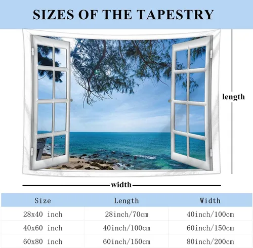 Vista 5 de Tapiz azul para ventana de playa y océano para colgar en la pared, árbol costero, paisajes naturales, arte lindo y pequeño tapiz estético