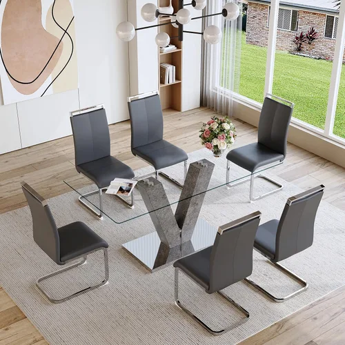 Vista 13 de gopop Juego de mesa de comedor moderna para 6, 7 piezas, mesa de comedor de mármol, mesa de cocina rectangular de 71 pulgadas con 6 sillas tapizadas