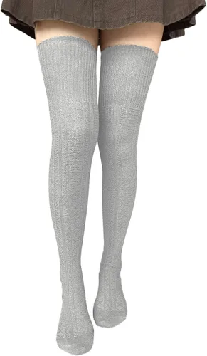 Vista 10 de Bestjybt Calcetines altos hasta el muslo para mujer de algodón con punto trenzado por encima de la rodilla, medias tipo bota, calentadores de Negro