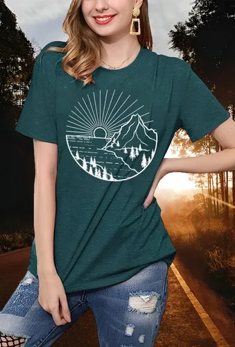Vista 3 de Camiseta de senderismo para mujer, camiseta de montaña con estampado gráfico de naturaleza y amanecer, camiseta de verano de manga corta