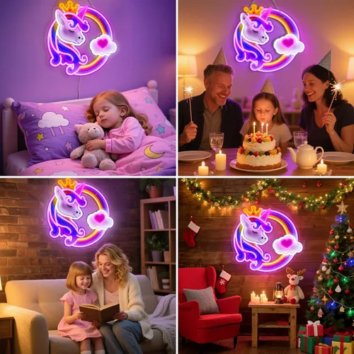 Vista 6 de Letrero de neón de unicornio para decoración de pared, 10 luces de neón de arco iris ajustables y regulables de colores para habitación de niñas