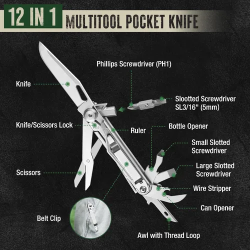 Vista 2 de Mossy Oak - Cuchillo multiherramienta plegable de bolsillo 12 en 1 con funda, cuchillo multiherramienta de acero inoxidable con clip, herramientas