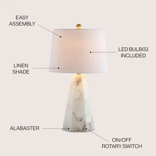 Vista 2 de JONATHAN Y Lámpara de mesa moderna de alabastro natural/latón dorado de 25.5 pulgadas para dormitorio, pantalla de lino blanco, lámpara de mesita