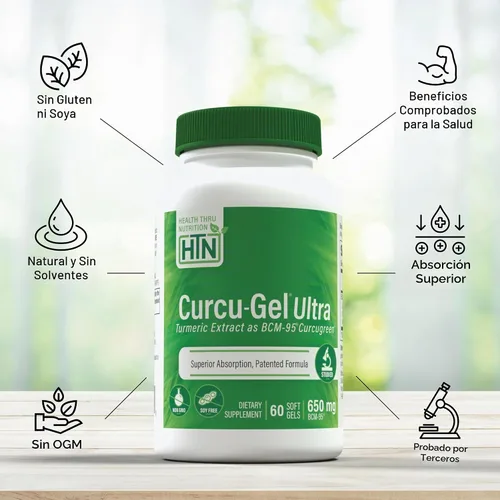 Vista 4 de Health Thru Nutrition Curcu-Gel 650mg BCM-95 Curcugreen Curcugreen Curcumin 60 Count High Absorption Turmeric Extract Supplement Healthy