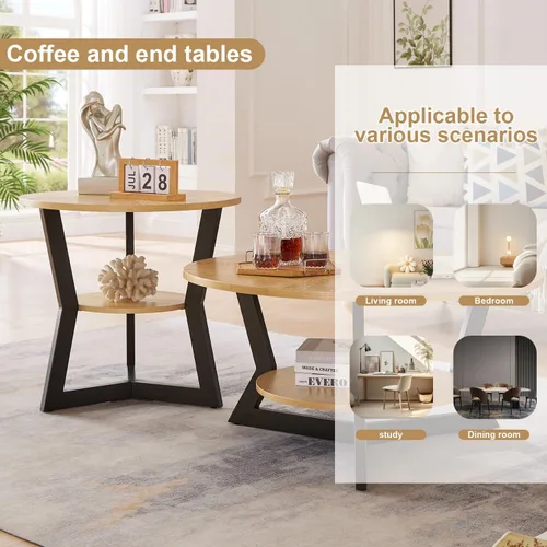 Vista 12 de Mesa auxiliar, mesa auxiliar redonda de madera para sala de estar con mesa de 2 niveles con estante de almacenamiento, diseño de soporte triangular