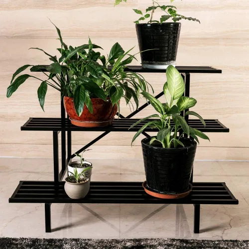 Vista 17 de Zhongma - Soporte de planta de metal resistente de 2 niveles con ruedas