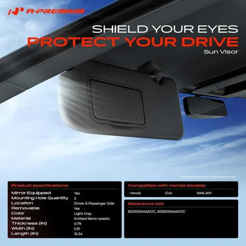 Vista 2 de A-Premium Parasol para conductor y pasajero compatible con Honda Civic 2006, 2007, 2008, 2009, 2010, 2011, sin espejo de tocador, sin luz
