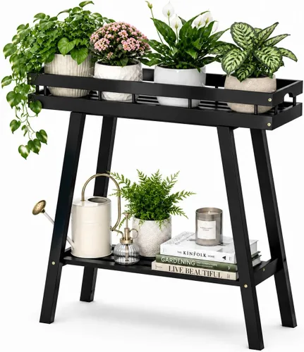 Vista 9 de BAMBANG Soporte de bambú para plantas de interior, mesa pequeña de 2 niveles, soporte alto para plantas de interior, estante para plantas