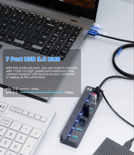Vista 3 de Hub USB 3.0, PANPEO Divisor de Hub de Datos USB de 7 Puertos con Cable de 3 ft de Largo Extensión USB para Laptop, Computadora PC, Surface Pro