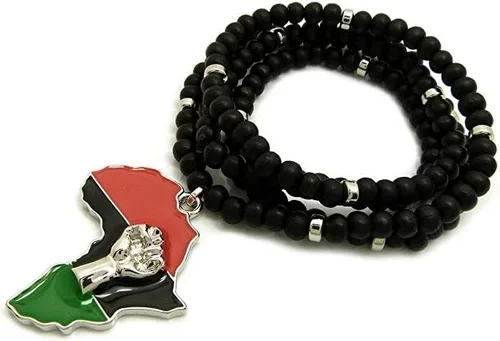 Vista 3 de Shiny Jewelers - Collar de cuentas de madera cubanas con colgante en forma de mapa de África para hombre