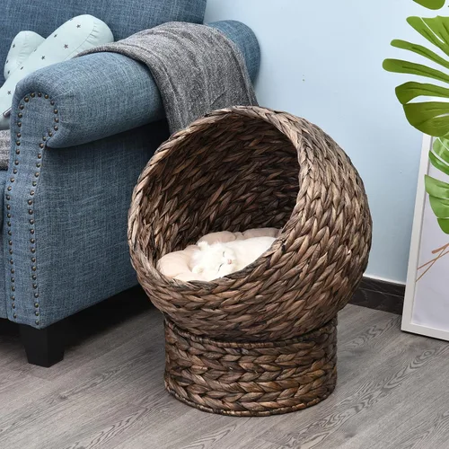 Vista 2 de PawHut Cama Elevada Tejida a Mano para Gatos con Cojín Suave y Forma de Silla de Huevo, Casa Canasta para Gatitos con Soporte, Cama Elevada