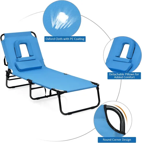Vista 7 de Sillón plegable de playa con 5 respaldos ajustables y almohada acolchada, tumbona para tomar el sol, silla plana de bronceado para cubierta de Azul