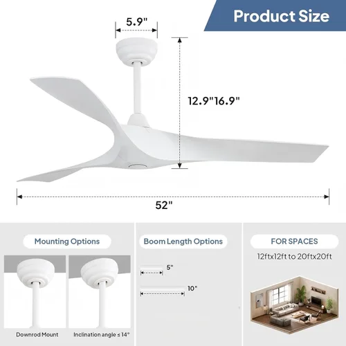 Vista 8 de Sofucor Ventilador de techo blanco de 52 pulgadas sin luz, ventilador de techo moderno con control remoto, 3 aspas de ABS, motor CC reversible sin