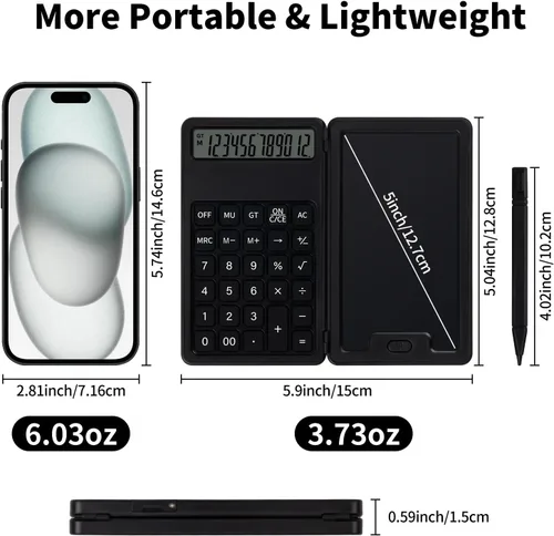 Vista 5 de Calculadora básica portátil de escritorio, mini calculadoras pequeñas con bloc de notas de escritura y lápiz capacitivo, más ligera y portátil, Negro