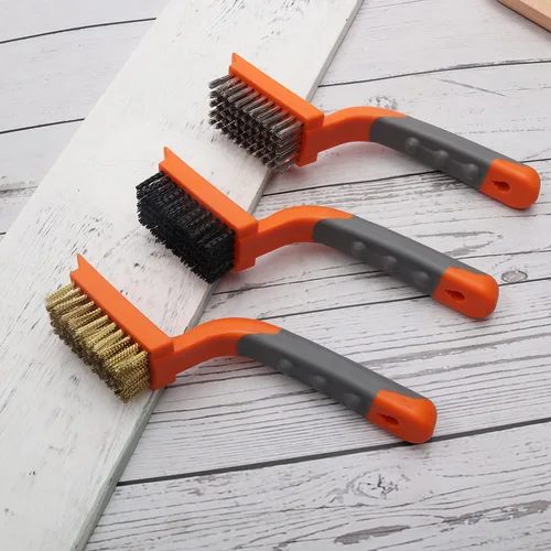 Vista 5 de MAXMAN Juego de 3 cepillos de alambre de latón/acero inoxidable/nailon para limpiar cerdas de óxido con mango curvado de goma, utilizado