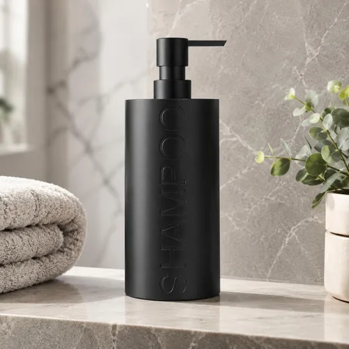 Vista 14 de Paquete de 2 botellas recargables de resina negra mate para champú y gel de baño – Juego de dispensadores de bomba modernos para baño, recipientes