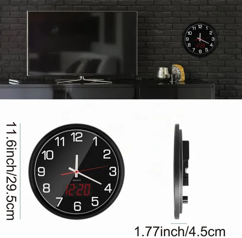 Vista 6 de Reloj de pared analógico de 12 pulgadas, silencioso, sin tictac, reloj de pared grande de cuarzo con LED nocturno, reloj de pared decorativo a
