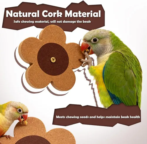 Vista 2 de Juguete masticable de corcho con forma de flor de 3 piezas con spinner, 2 piezas de repuesto, juguete de loro de madera natural para pájaros